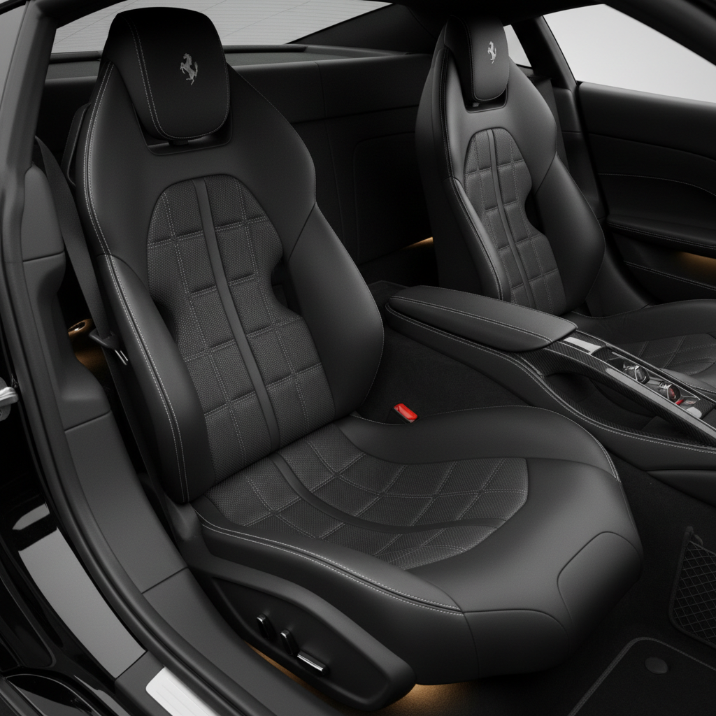 Luxury Black PVC Synthetic Leather for Ferrari Front Seats & Steering Wheel Interior Modification